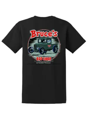 Caged Gorilla“ T-shirt featuring a vintage car graphic and the text “Bruce’s Rod Shop Spring, Texas” on the back.