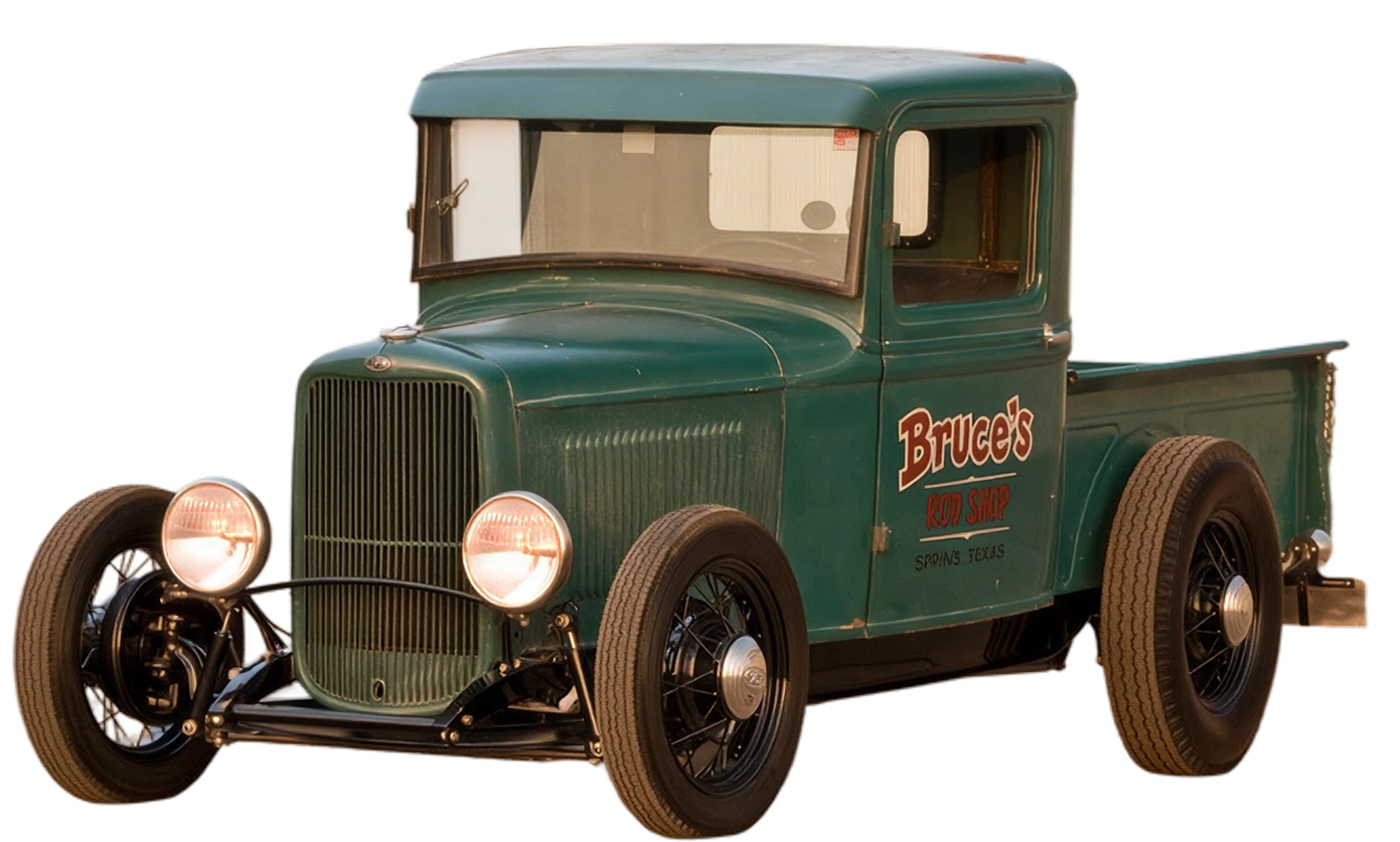 Green vintage pickup truck with black wheels, exposed front suspension, and “Bruce’s Rod Shop” sign on the door, photographed against a white background.