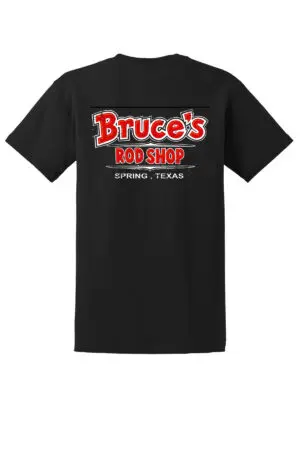 Shop Logo T-Shirt featuring “Bruce’s Rod Shop Spring, Texas” in bold red and white lettering across the back.