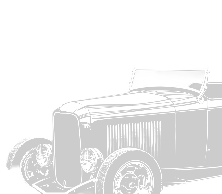 Black and white illustration of a vintage convertible car, viewed from the front left side, showing the headlights, grille, and part of the windshield.