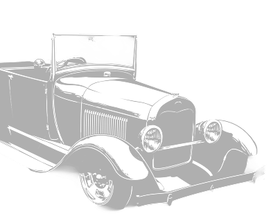 Black and white illustration of a vintage convertible car with round headlights and an open roof, viewed from the front left side.