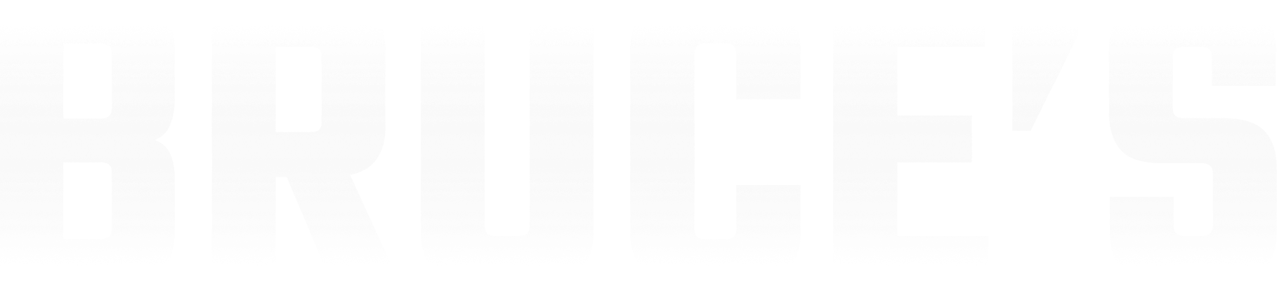 Large, faint gray capital letters spelling “BRUCE’S” are spread across a white background, blending in with the background color.